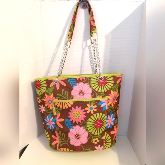 Picnic At Ascot Large Floral Insulated Colorful Tote Silver Chain Detail - Picture 1 of 12